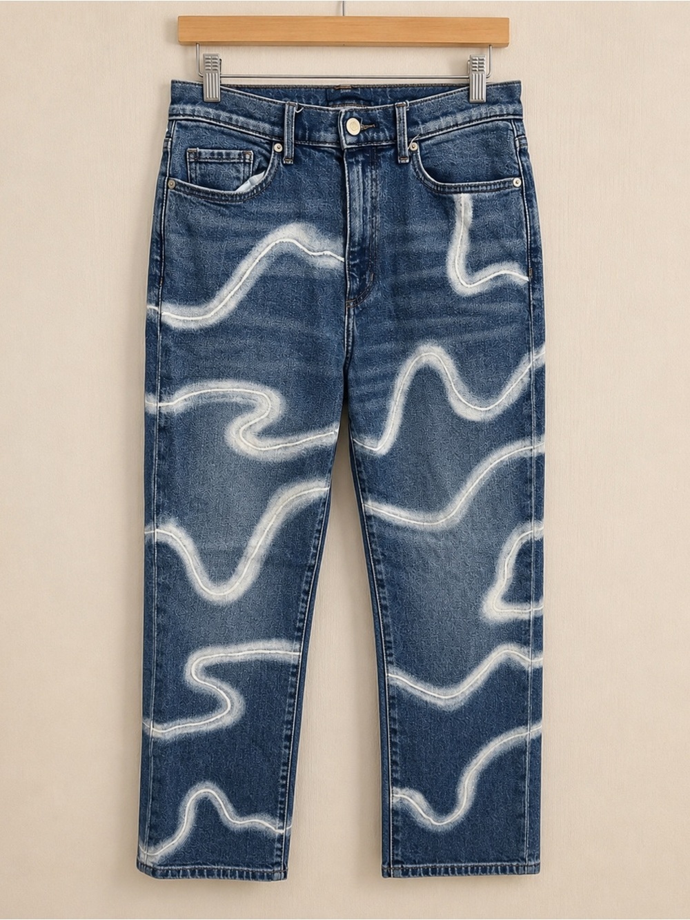 Banana Republic Premium Denim High-Rise Straight Leg Blue Wash Wavy Bleach Print
